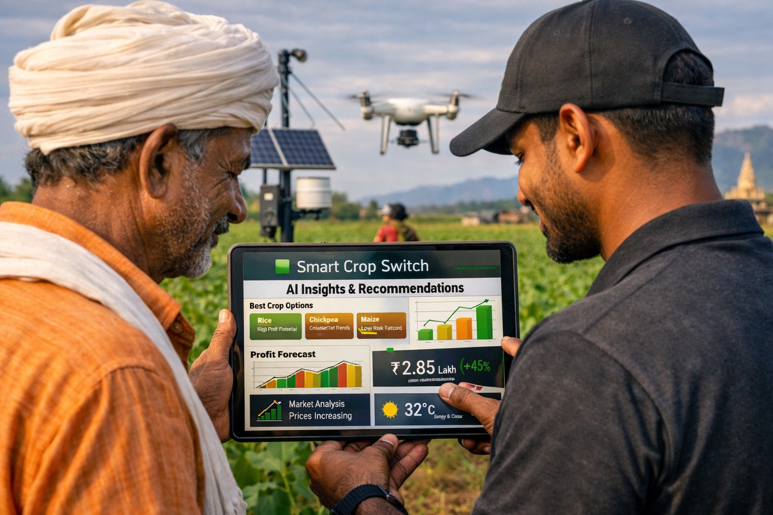 Farmers using Smart Crop Switch on a tablet